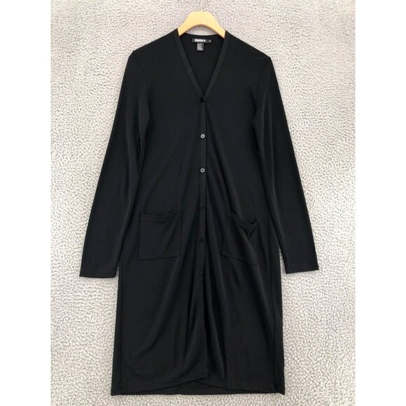 DKNY Sweater Womens Small Black Cardigan Longline V Neck Button Up Pocket Knit - Picture 2 of 10